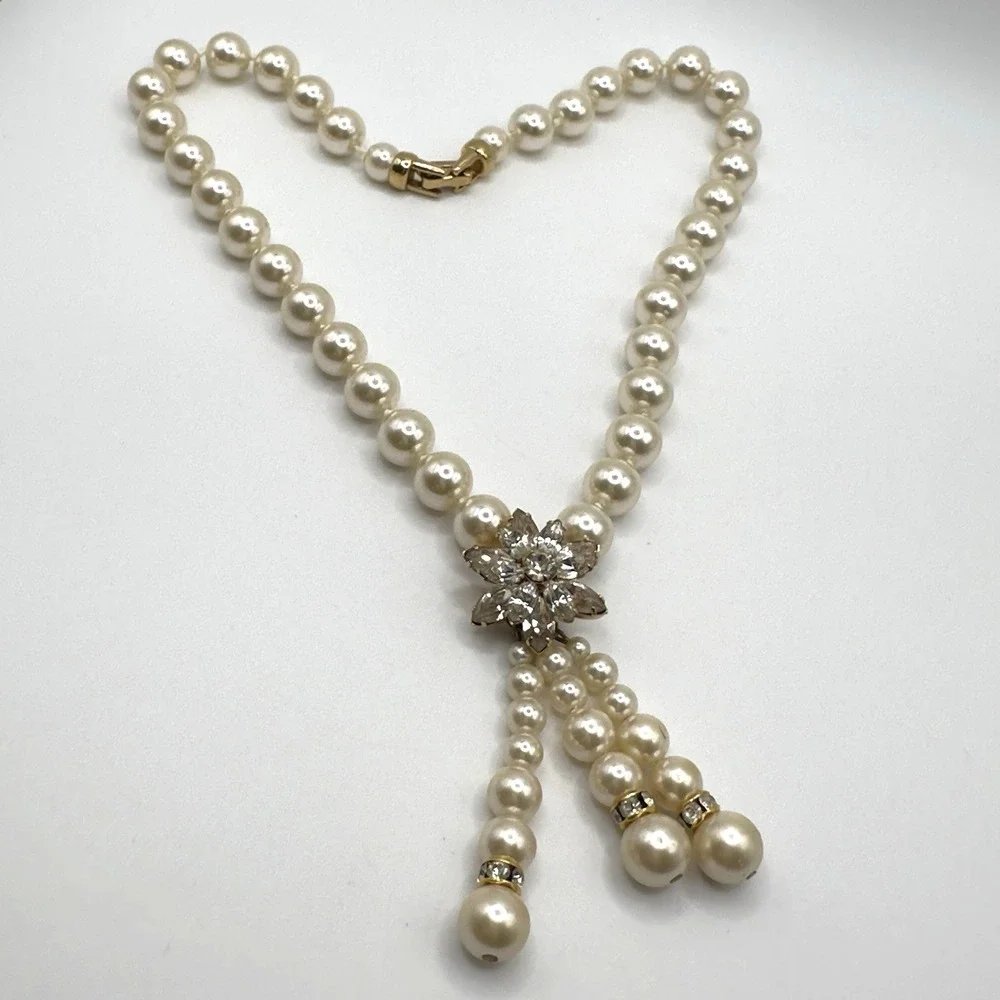 Vintage Faux Glass Pearl Necklace with Rhinestone Y Drop Tassels 16